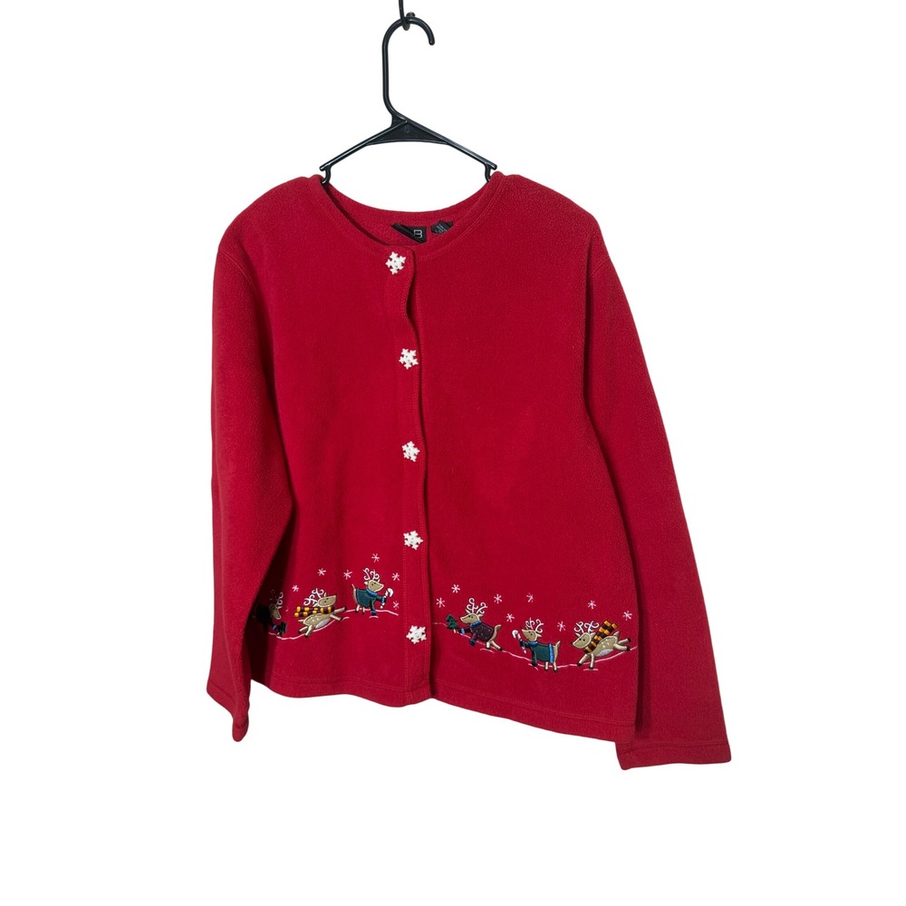 C&B Sport by Croft & Barrow Womens Red Reindeer Sleigh Fleece Cardigan Sweater M